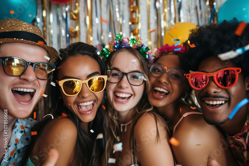 Selfie of happy moments in the photo booth. Group of diverse friends together sharing laughter and positive energy taking a snapshot of the moment. Effervescent glitter with shine and festive essence.