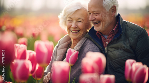 Joyful mature couple in red tulip flowers spring blooming field sharing a moment photo