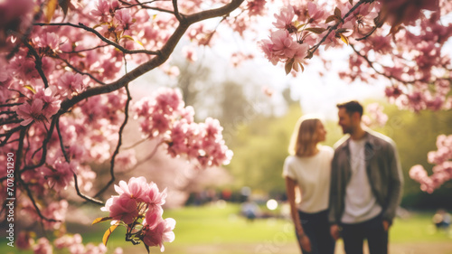 Joyful young couple surrounded by pink spring blossoms sharing a moment