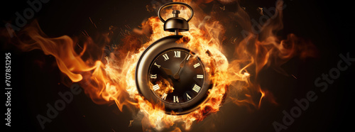 Vintage pocket watch engulfed in flames against a dark background, symbolizing urgency, time pressure, or deadline concept.