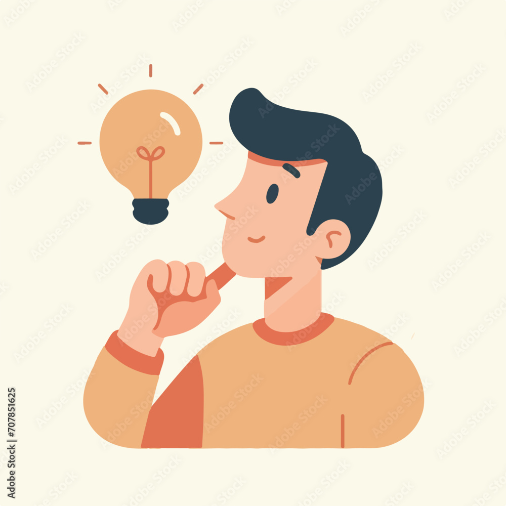 Minimalist Illustration of People with Brilliant Ideas. Thinking Person with Lighted Bulb. Symbol of Creativity and Innovation