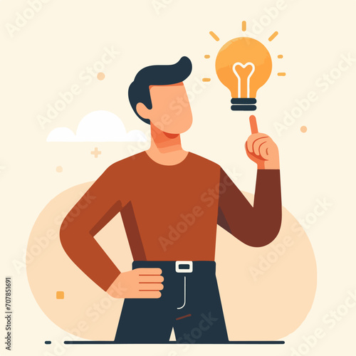 Minimalist Illustration of People with Brilliant Ideas. Thinking Person with Lighted Bulb. Symbol of Creativity and Innovation