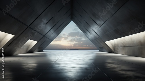 Concrete futuristic interior with a triangular window and ambient lighting © dvoevnore
