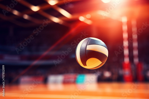 Volleyball in mid-air in an indoor court with dynamic lighting