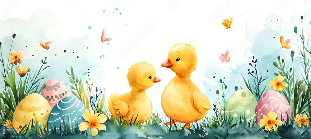 banner of watercolour illustration of little ducks with easter eggs banner of watercolour illustration of little ducks with easter eggs