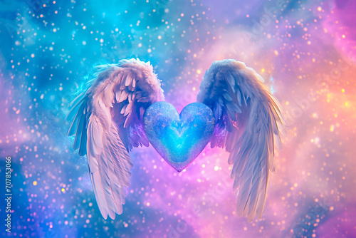 Flying heart with angel wings on cosmic pastel background with copy space