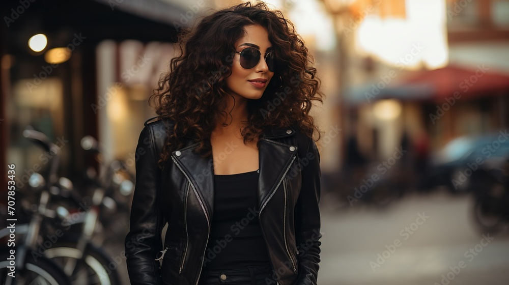 A beautiful young woman with curly hair, wearing a black leather jacket and sunglasses, using her mobile phone on the lively street