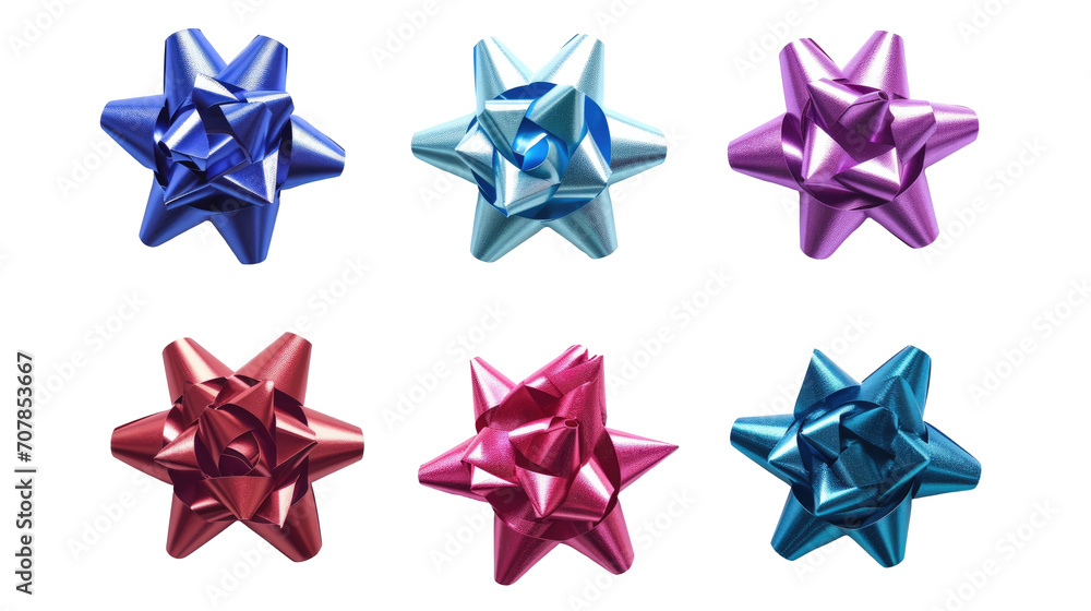 Set of matte star flower gift ribbon bow on white background cutout Set of matte star flower gift ribbon bow on white background cutout
