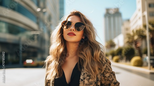 A fashionable young woman with sunglasses, exuding confidence and style on a modern city street