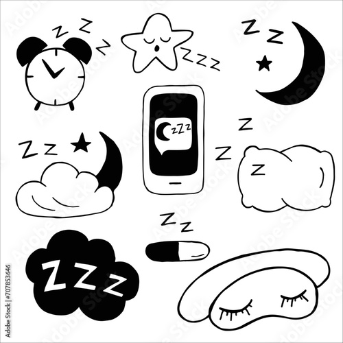 Sleep icons, night dreams and bedtime items, bed pillow, moon and bedroom vector symbols.