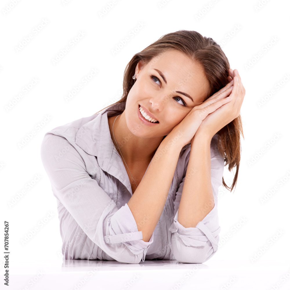 Woman, face and thinking or happy in studio with ideas, contemplating and dreaming with positive mindset. Person, mock up space and thoughtful with relax, smile and wondering on white background Woman, face and thinking or happy in studio with ideas, contemplating and dreaming with positive mindset. Person, mock up space and thoughtful with relax, smile and wondering on white background