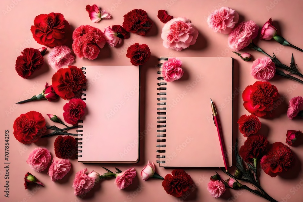 A mix of red and pink carnations adorning a notebook mockup against a blush pink background, exuding love and admiration. A mix of red and pink carnations adorning a notebook mockup against a blush pink background, exuding love and admiration.