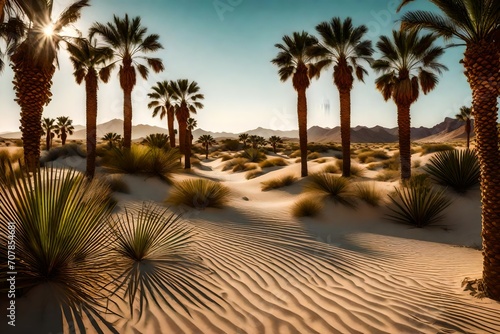A desert oasis with palm trees and lush greenery  contrasting against the arid sand dunes  showcasing nature s resilience.