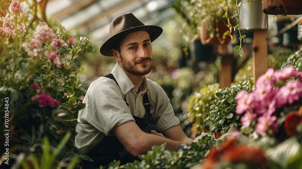 Handsome confident young man florist gardener in greenhouse. Created with Generative Ai technology.