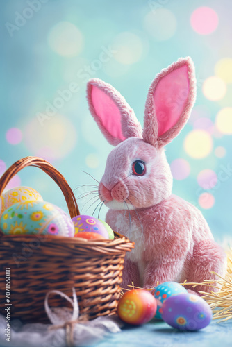 Cute hare rabbit sits near a basket with colorful eggs on the eve of Easter celebrations against blurred bright background