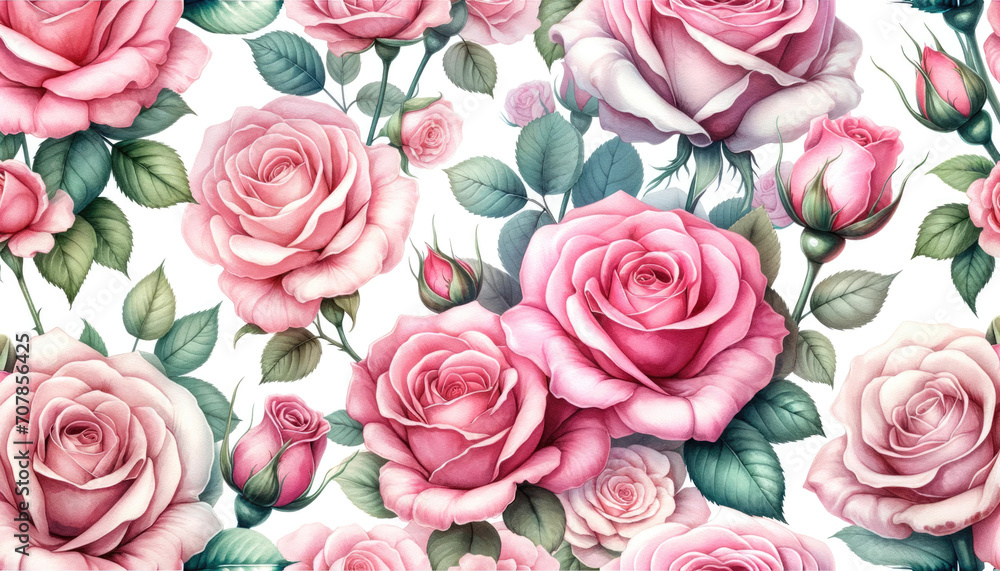 Watercolor illustration of seamless pattern with pink roses on white background. Generative ai.