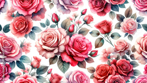 Watercolor roses in shades of red and pink. Generative ai.