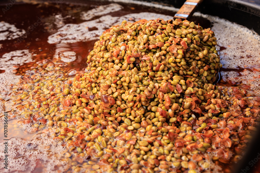 Αυτοκόλλητο farmer show coffee beans, in the ferment and wash method of wet processing,