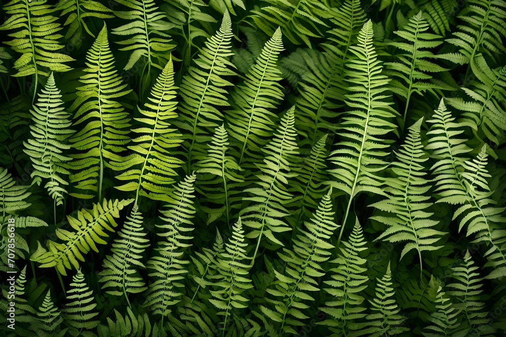A dense field of ferns with delicate fronds unfolding, creating intricate patterns in the undergrowth.