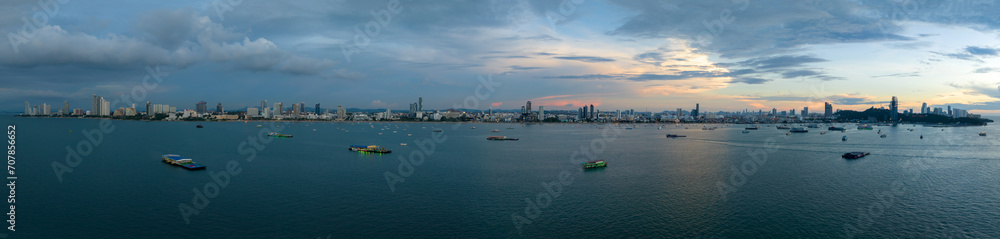 Aerial view panoramic at twilight of Pattaya bay, chonburi Thailand,