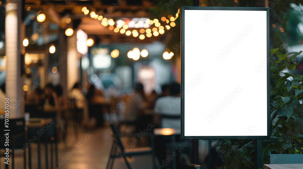 Restaurant with Mock up board for product advertisement. Created using generative AI.
