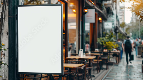 White ad board mock up for product advertisement in front of restaurant. Created using generative AI.