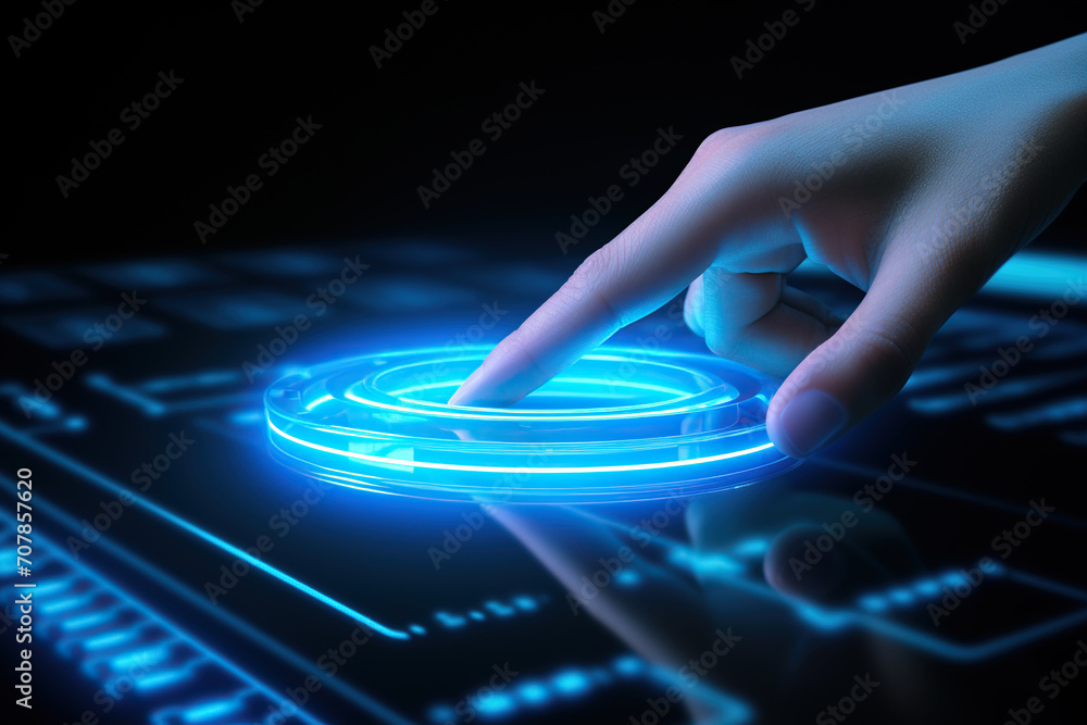 Hand touching a button on a touch screen interface. 3d rendering.  - obrazy, fototapety, plakaty 