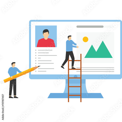 Concept Website design or website building, people do the layout work. Little people characters perform various tasks. Concept vector illustration in flat style