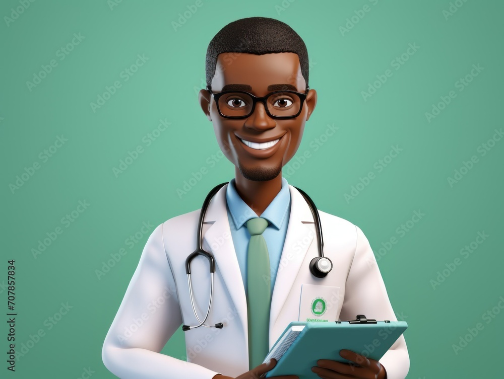 3D Doctor. African american male character. Simple cartoon fun afro person with stethoscope and uniform. 3D Doctor. African american male character. Simple cartoon fun afro person with stethoscope and uniform.