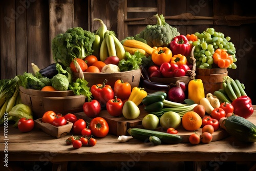 A rustic wooden table adorned with a vibrant assortment of fresh fruits and vegetables  bathed in soft  natural sunlight.