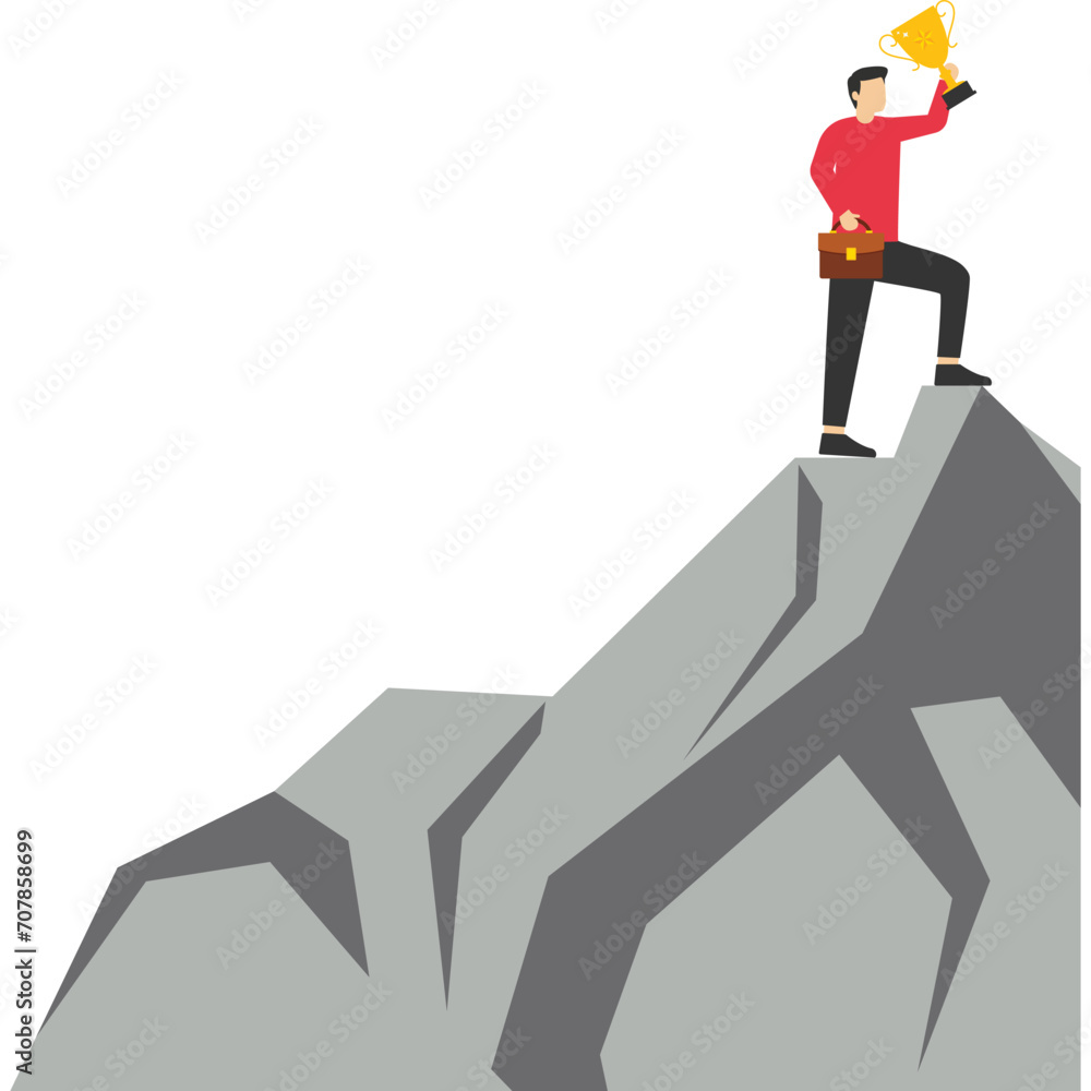 Male character climbing a mountain to achieve the goal of getting a trophy, Business concept to achieve a goal or success. trophy on top of mountain flat vector illustration. Flat vector illustration. Male character climbing a mountain to achieve the goal of getting a trophy, Business concept to achieve a goal or success. trophy on top of mountain flat vector illustration. Flat vector illustration.