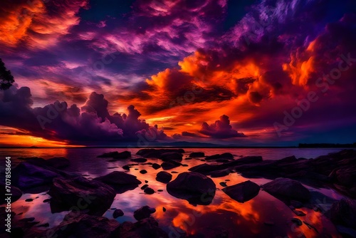 Fiery orange clouds blending into deep purples and blues, capturing the essence of a surreal, otherworldly sunset. © WOW
