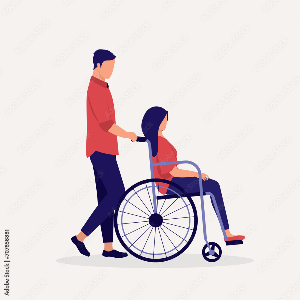 Husband Pushing His Wife With Wheelchair. Full Length. Flat Design. Husband Pushing His Wife With Wheelchair. Full Length. Flat Design.