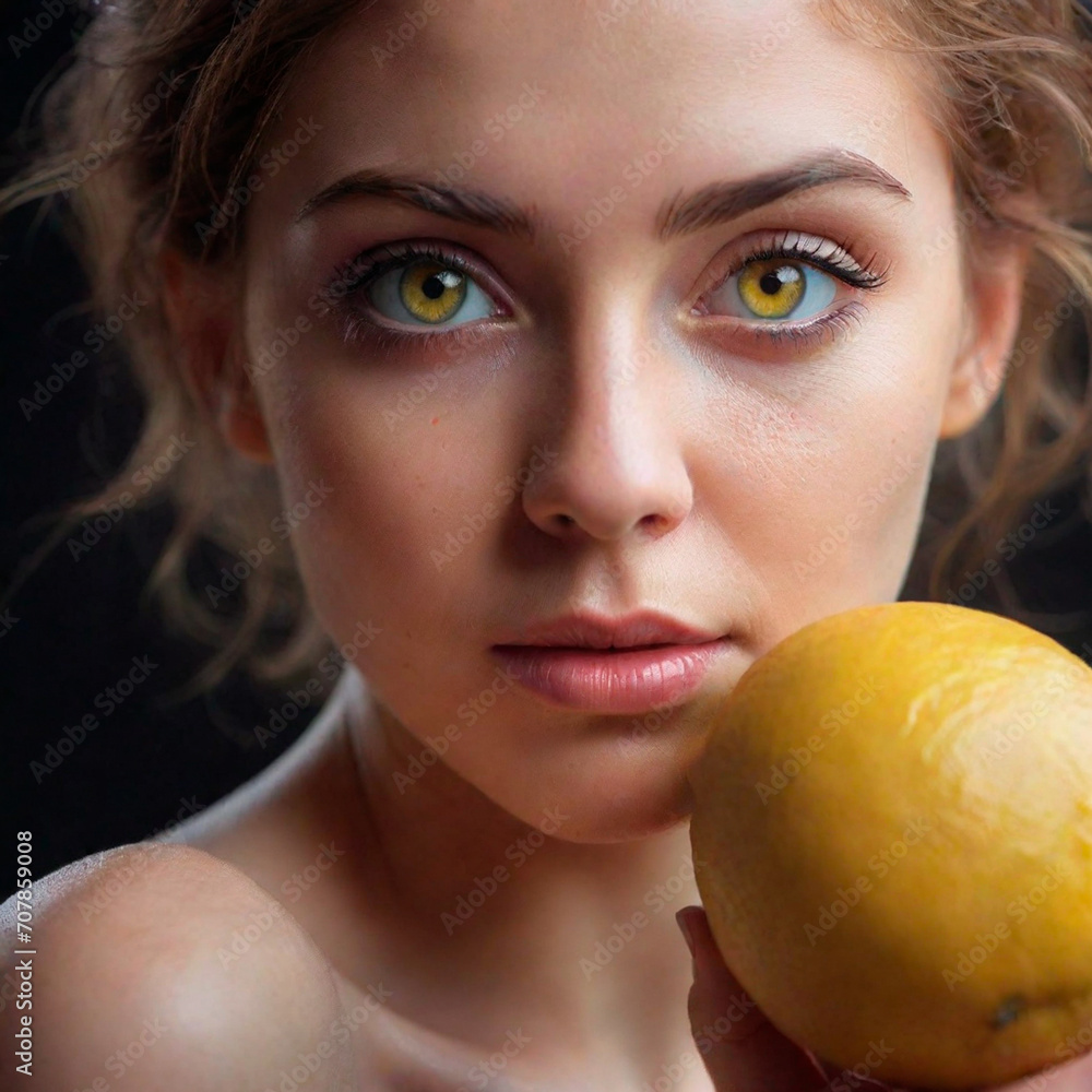 realistic girl with lemon on a plain background, digital art realistic girl with lemon on a plain background, digital art