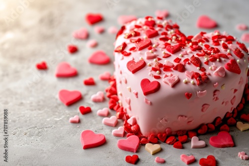 Close up cake in heart form with heart-shaped decor for a wedding anniversary or Valentine's day