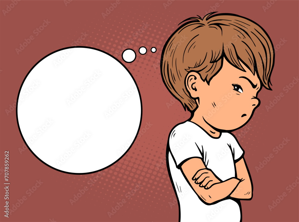 Offended little boy. Bubble for text. Stubborn pose. Dissatisfied child. Cartoon vector illustration pop art. Hand drawn line, comic style Offended little boy. Bubble for text. Stubborn pose. Dissatisfied child. Cartoon vector illustration pop art. Hand drawn line, comic style