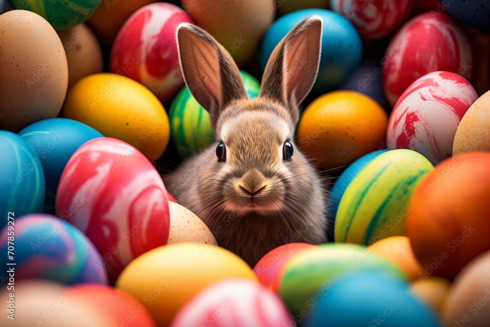 Cute hare rabbit sits among colorful eggs on the eve of Easter celebrations against dark background