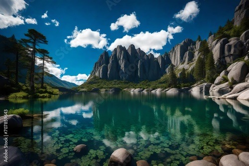 A crystal-clear lake surrounded by towering cliffs made of granite, reflecting the deep blue sky and lush greenery, capturing the essence of natural beauty. photo