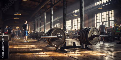Barbell on a Gym Background. Banner with place for text