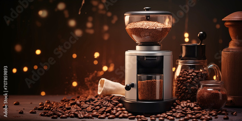 Coffee Grinder in the Cozy Cafe. Banner with place for text © imagemir