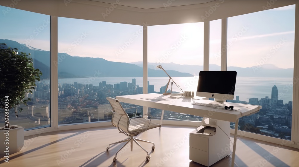 Fototapeta premium A chic minimalist office with a breathtaking view. AI generated