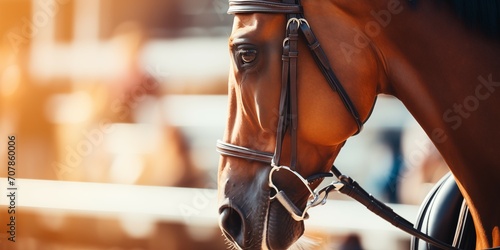Horse with Saddle on an Equestrian Center Background. Banner with place for text photo