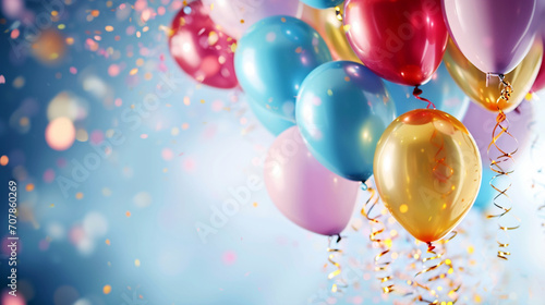 Beautiful happy birthday background with balloons. selective focus. Generative AI,