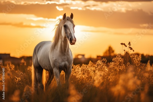 beautiful white horse standing at sunset in the field in nature © Dina