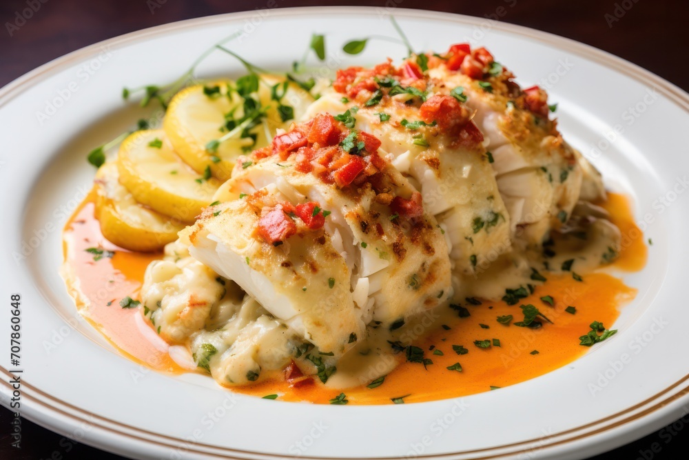 crab stuffed flounder dish with cream sauce closeup on white plate at american restaurant. crab stuffed flounder dish with cream sauce closeup on white plate at american restaurant.