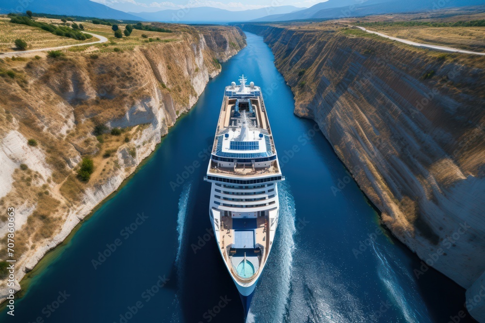 cruise ship crossing narrow canal aerial view. Travel and tourism. Traveling by sea and navigation. 