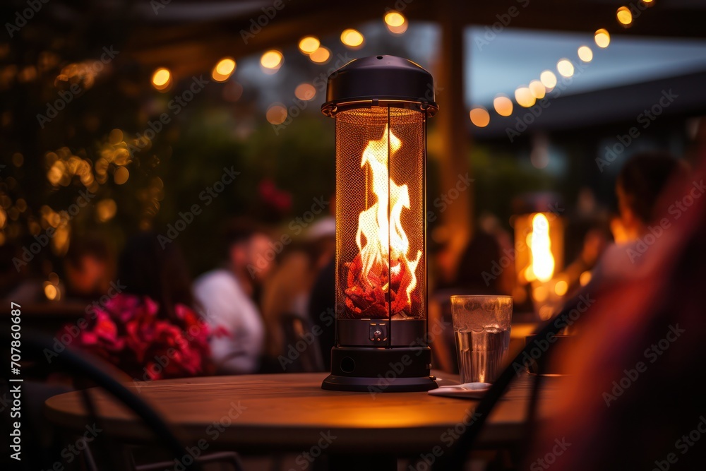 restaurant terrace with outdoor heaters with fire flame closeup. Gas heating equipment. Romantic date. Europe in winter, gas prices inflation. - obrazy, fototapety, plakaty 