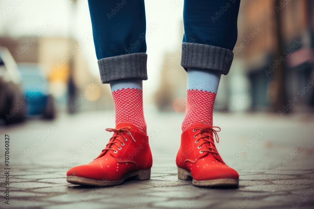 hipster guy wearing vintage red shoes, socks and jeans closeup 