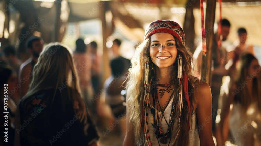 Pretty hippie woman, beautiful young hipster. Concept of youth, freedom and adventure. Cute cheerful teenage lady. attractive female vintage girl.