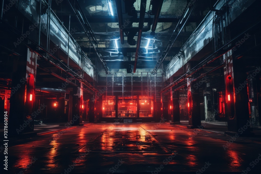 industrial space for techno music party club with neon lighting. Rave cyberpunk parties.
